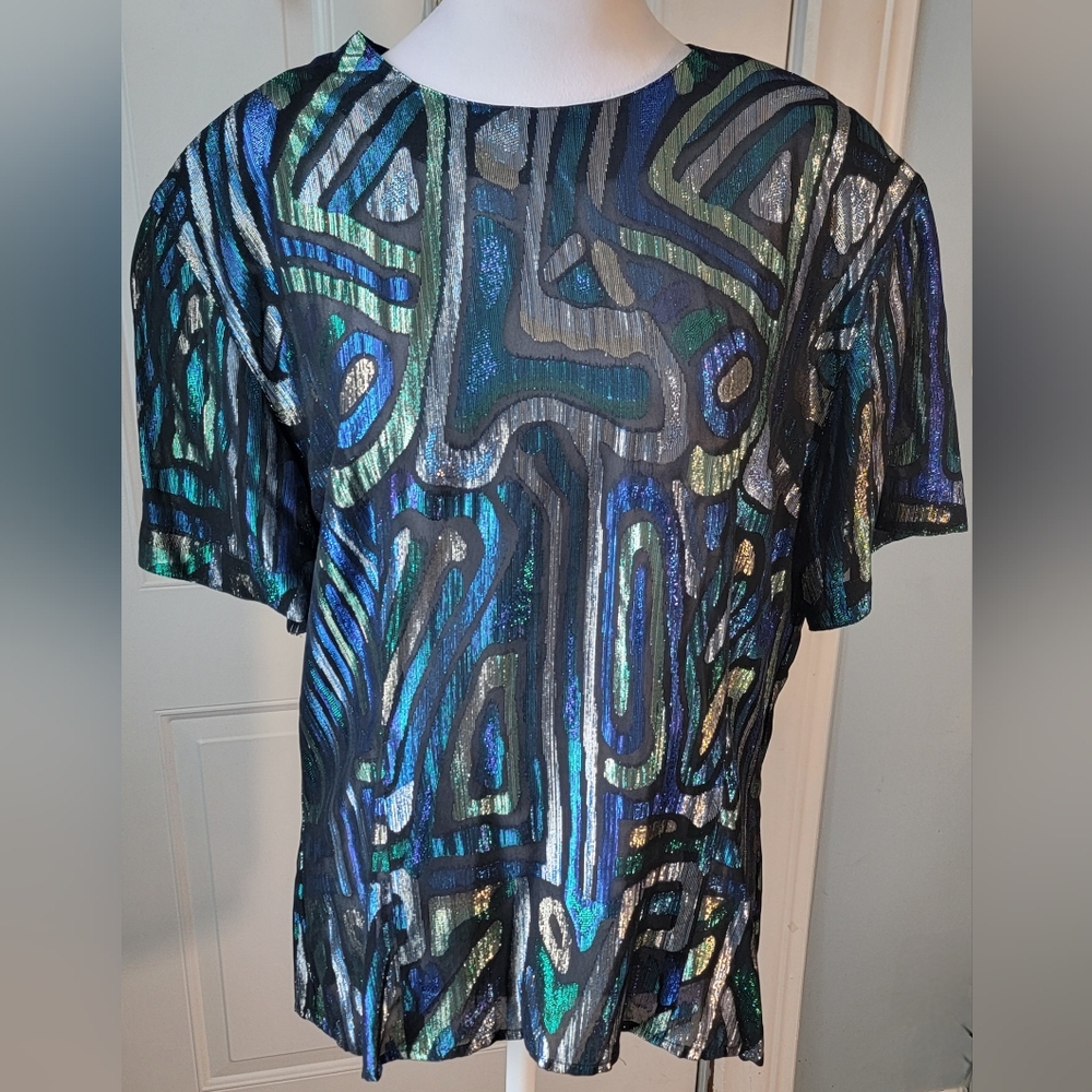 Christian Dior 80s Vintg Semi Sheer Blouse Womens 14 Black Multi Metallic Retro - Picture 2 of 13